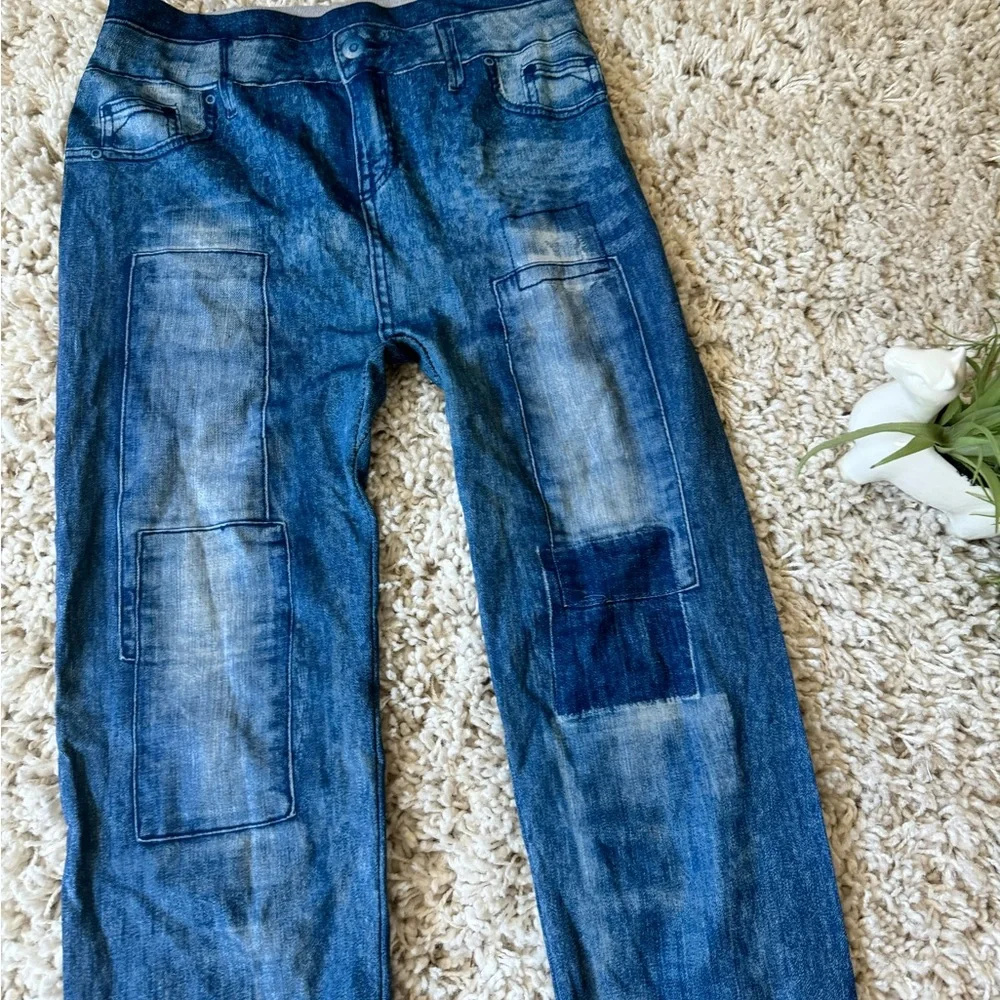 Super cute, patchwork light denim Y2K stretchy, jean jeggings. - Picture 2 of 4